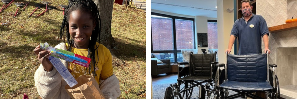 La foto de la izquierda es una niña sosteniendo cepillos de dientes. La foto de la derecha es de un hombre parado detrás de una silla de ruedas.